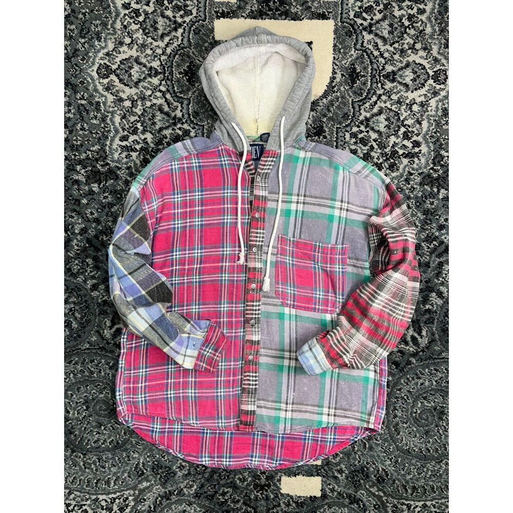 Vintage Mens 90s DEV Brand Multicolor Flannel Hoodie Shirt Size Medium